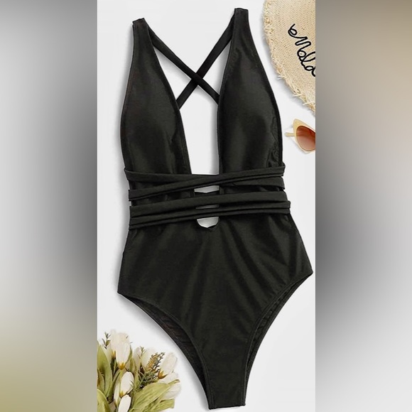 NWOT SWIMSUIT Black One Piece Plunge by Sweaty Rocks - Picture 2 of 12